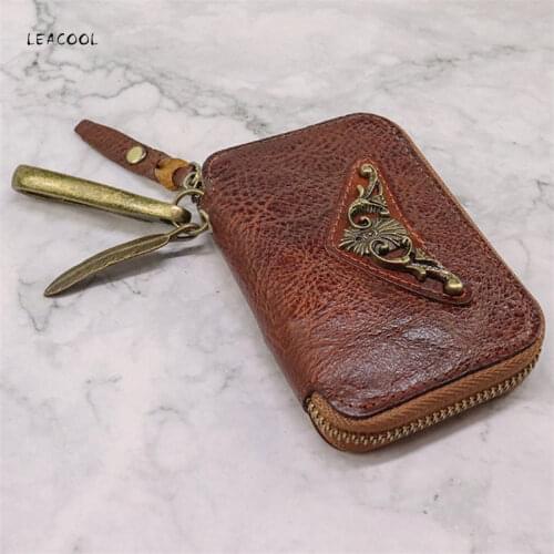 Vintage Genuine Leather Men Women Key Wallet Car Key Holder Housekeeper Covers Zipper Bag Keychain Cover Organizer Card Bag