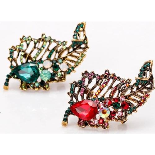 Retro Red Green Color Lady Brooches Bouquets Rhinestones Crystal Leaf Brooch For Women Wedding Brooches Pin Jewelry Accessories