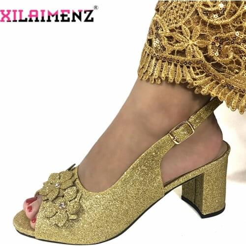 Latest Nigerian Design High Quality Italian Women Shoes without Bag Can Match Bag For Christmas Party in Golden Color