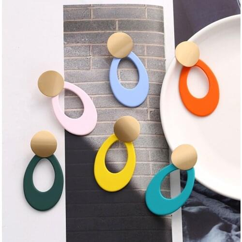 New Korean Fashion Metal Gold Geometric Acrylic Statement Long Drop Earrings Colorful Pendientes Oval Earrings For Women Jewelry