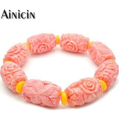 Pink Color Resin Shell Carved Star Rose Flower Barrel Shape Beads Stretch Strand Bracelets for Women Party Gift Jewelry