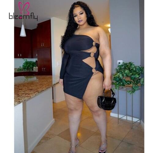 Sexy Cut Hollow Out Dress Bodycon Outfits Women One Shoulder Plus Size Skinny Party Clubwear Black Dresses Vestidos Robe 2021