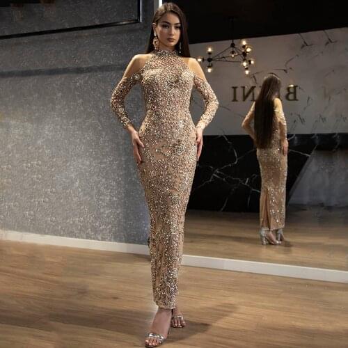 Weilinsha Ankle Length Mermaid Evening Dress Long Sleeve with Crystal Beadings 2021 Luxury High Coller Special Occasion Gowns