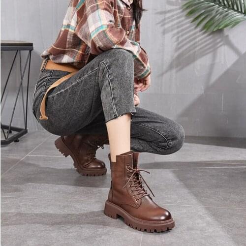 Winter womens casual boots leather zipper platform ankle boots cowhide bag Martin boots