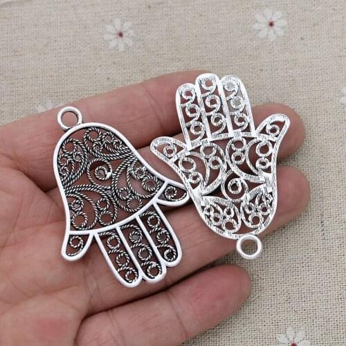 10pcs Tibetan Silver Plated Fatima Hand Hamsa Charms Pendants for Jewelry Making DIY Handmade Accessories 56x42mm