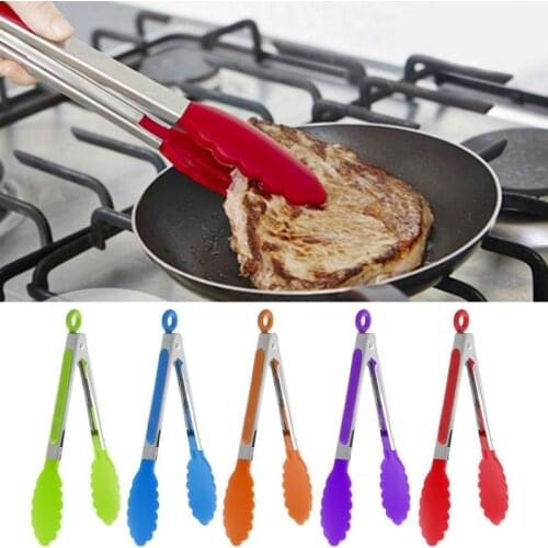 20cm Silicone Baking Meat Food Tong Stainless Steel Kitchen Non-Slip Cooking Clip Clamp BBQ Salad Tool Grill Cookery Accessories