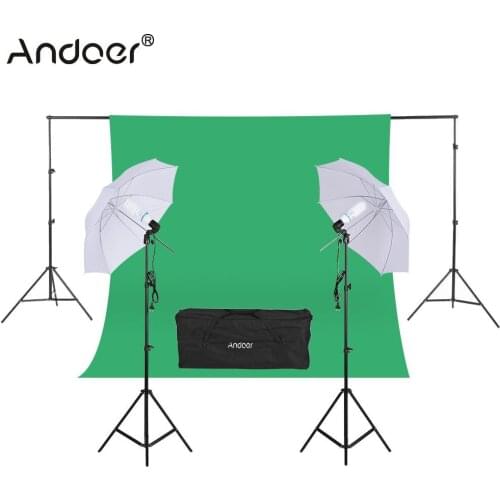 Andoer Photography Photo Studio Kit 2 * 3m Backdrop Stand 1.8 * 2.7m Green Screen Backdrop Light Bulbs sockets Soft Umbrella