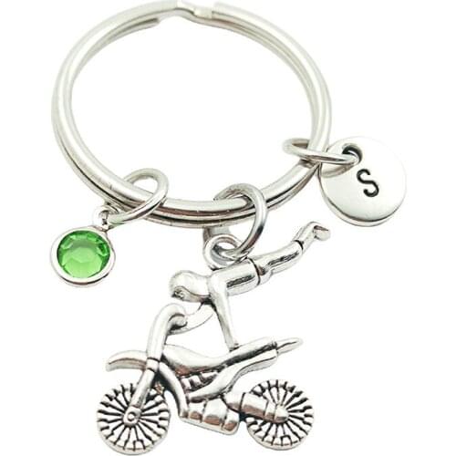 Motorcycle Player Initial Letter Monogram Birthstone Keychains Keyrings Creative Fashion Jewelry Women Gifts Accessories Pendant