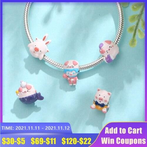 Lucky Pet Piggy Dress Up Role Play Beads 925 Sterling Silver Charms for Women Accessories Bracelet Charms Fine Jewelry Making