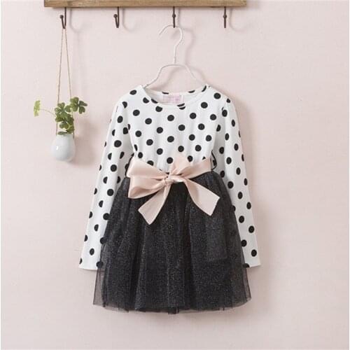 2021 Autumn/Winter Kid’s Skirt 3-8 Years Girls Pretty Dot Bow Knot Dresses Long Sleeves Ball Gown Mesh Clothes For Children