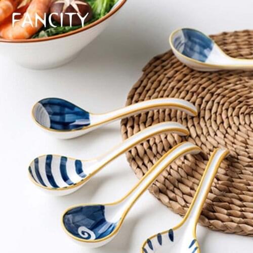 FANCITY Japanese style small spoon ceramic soup spoon household soup spoon soup spoon creative cute Japanese ramen spoon