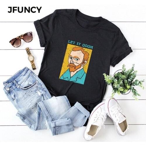 JFUNCY 2020 Summer Plus Size Tee Women Cotton T Shirt Oversize Short Sleeve Loose Female Tops Van Gogh Art Printing Lady T-shirt
