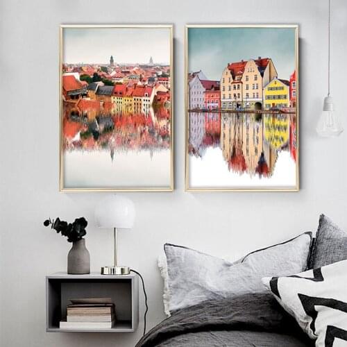 Nordic Town Reflection Canvas Painting Abstract House Lake Landscape Poster and Print Modern Decorative Pictures for Home Decor
