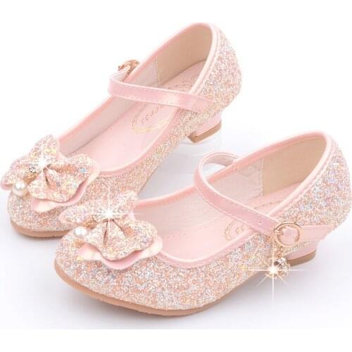 Girls Dress Shoes for Party Ball Wedding Children Glitter Leather Shoes High Heeled Kids Princess Shoes Sequins Bowtie 27-38 New