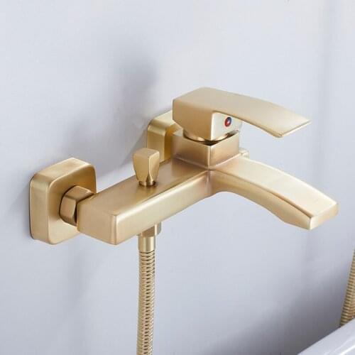 Brushed Gold Bathtub Shower Faucets Set Soild Brass Bathroom Hot & Cold Taps Mixer With Handheld Waterfall Type Wall Mounted
