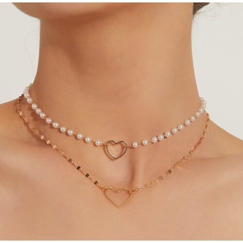 Juorest Multi Layer Heart Necklace Punk Wedding Party Chocker Pearl Chain necklace Trendy Round Bead Pendant Necklace Jewelry