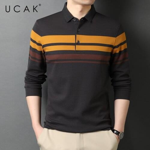 UCAK Brand Classic Casual Turn-down Collar Striped T Shirt Men Clothes Autumn Pure Cotton Streetwear Long Sleeve T-Shirts U5718