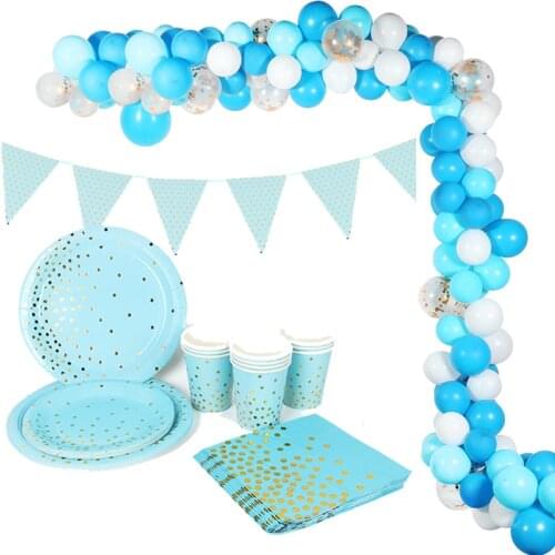 Gold Blue Disposable Tableware Sets Napkins Plates Adult Birthday Party Decor One Year Old Party Boy Baby Shower Balloons Deco