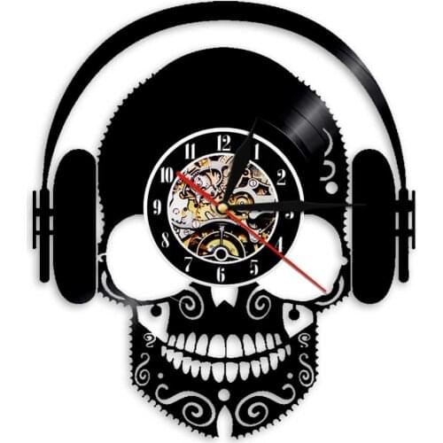 Skull Headphone Listen To Music Personlized Wall Art Decor Clock Modern Vinyl Record Wall Clock Musical Skull Time Clocks