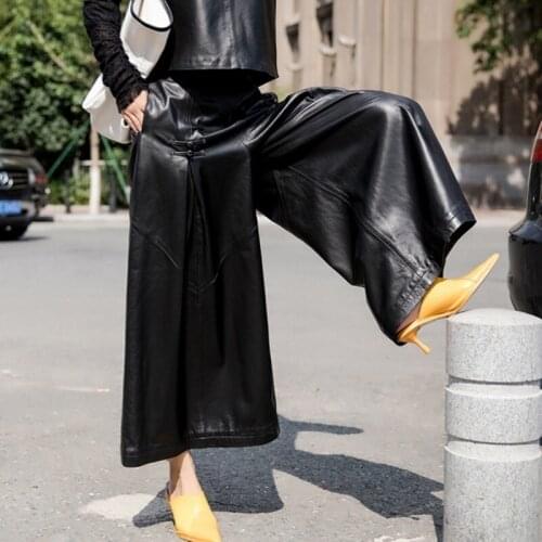 New Pleated Genuine Leather Trousers Lady Loose Wide Leg Women 2020 Designer Luxury Sheepskin Baggy Harajuku A-Line Pants