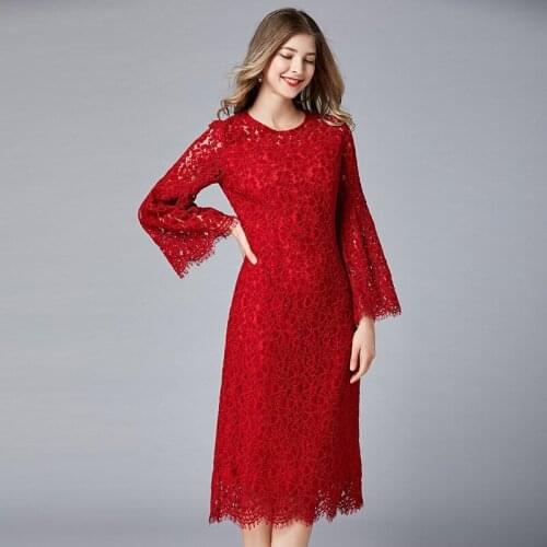 Fall Spring European Style Womens Flare Full Sleeve Red Lace Dress , Autumn Woman Clothes , 4xl 5xl Elegant Dresses for Women