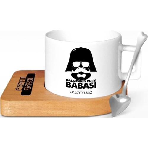 Personalized Galaxy Best Father Design Wood Altlıklı Ceramic Cup-1