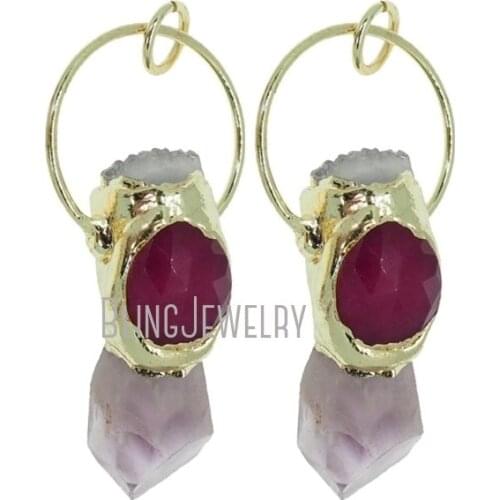 Gold Plated Crystal Quartz Amethyst Point Pendant Fancy Hoop Bail Hoop Pendant with Fushia Carnelian Accent PM38135