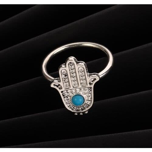 Exaggeration Retro Women Hand of Fatima Hamsa Evil Eye Finger Lucky Protection Ring Jewelry