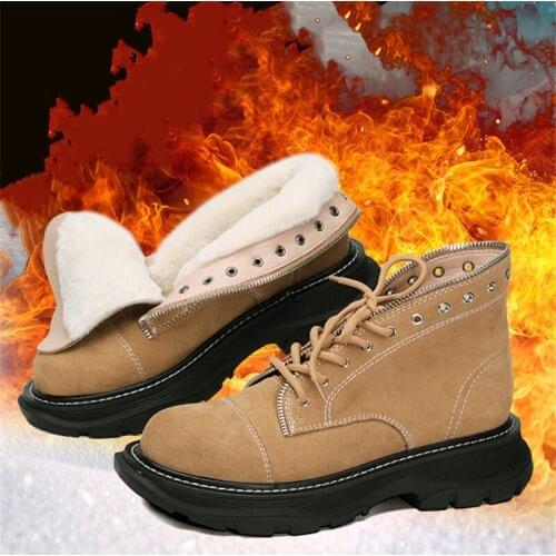 PXELENA High Quality Women Real Fur Snow Boots Cow Suede Chunky Thick Platform Non Slip Plush Warm Winter Shoes Plus Size 34-42