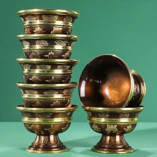 Relief Bronze Copper Drinking Tall Bowl Auspicious Tibetan Holy Water Milk Tea Cup Golden Buddhist Bowl Homes Gift Decorative