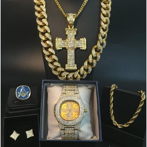 Luxury Men Watch Hip Hop Men Necklace Ice Out Cuban chain Men gold Watch + Necklace + Bracelet + Ring + Earring Jewelry set