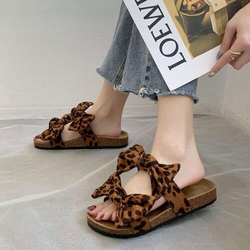 New Summer Fashion Women Leopard Sandals Lovely Double Butterfly Straps Lady Comfortable Platform Slippers Home Flat Cork Slides