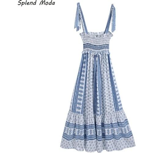 Splend Moda 2021 Summer New Camisole Lace-Up Folds Print Elastic Waist Sexy Slim Ankle Length Dress For Women Vintage Elegant