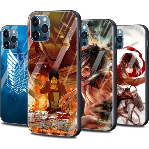 Glass Smartphone Case For iPhone 12 11 Pro Max XS XR X 7 8 Plus 12 Mini SE 2020 Black Silicone Cover Attack On Titan
