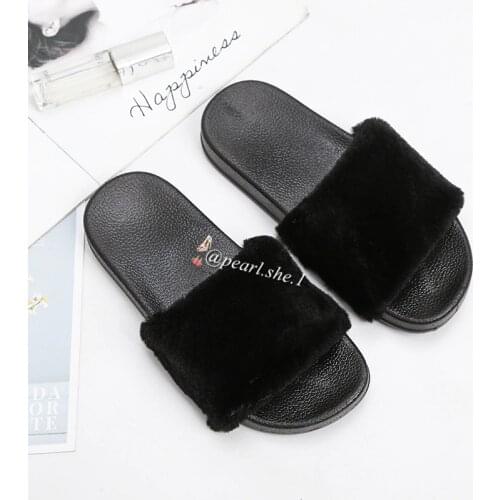 Fur Slippers Women Faux fox fur Slides Home Furry Flat Sandals Female Cute Fluffy House Shoes Woman Brand Luxury 2021