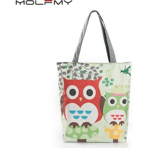 Women' s Canvas Handbag Cerative Owl Print Casual Shopping Bags Shoulder Female Crossbody Beach Lunch Bucket Bag,Support Custom