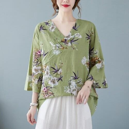 Women Summer Loose Casual T-shirts New Arrival 2021 Vintage Style V-neck Floral Print Cotton Linen Female Tops Tees B356