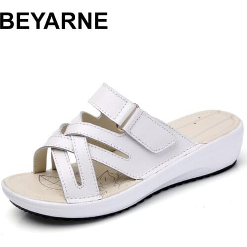 BEYARNEGenuine Leather Womens Platform Sandals Open Toe Light Soft Women Flat Slides Casual Woman Corss Tie Summer ShoesE778