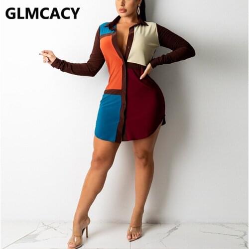 Women Long Sleeve Colorblock Slim Shirt Dress