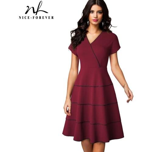 Nice-forever Summer Women Classic Patchwork Office Dresses Business Work Retro Swing Flare Dress A253