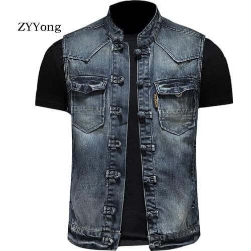 Spring Retro Stand Collar Colorblock Single Breasted Sleeveless Blue Slim Denim Vest Coat Men Waistcoat Jean Jacket Gilet Homme