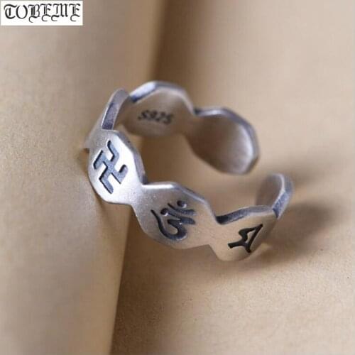 100% 925 Silver Tibetan Six Words Proverb Ring 925 Sterling Buddhist OM Mantra Ring Silver Buddhist Wanzi Symbol Ring