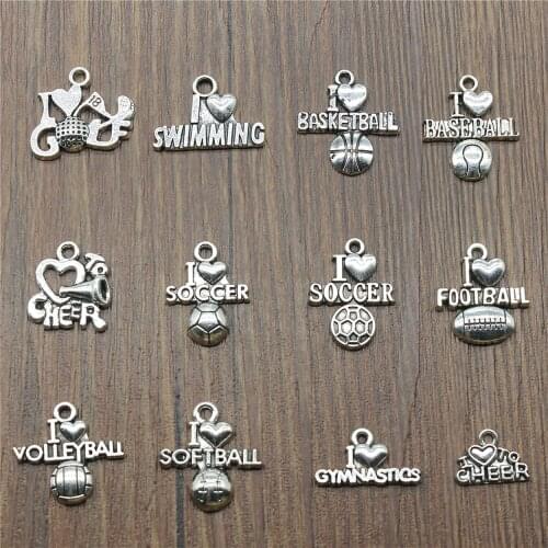 20pcs Charms I Love Sports Antique Silver Color Sport Charm Golf Basketball Baseball Football Volleyball Softball Gym Cheer