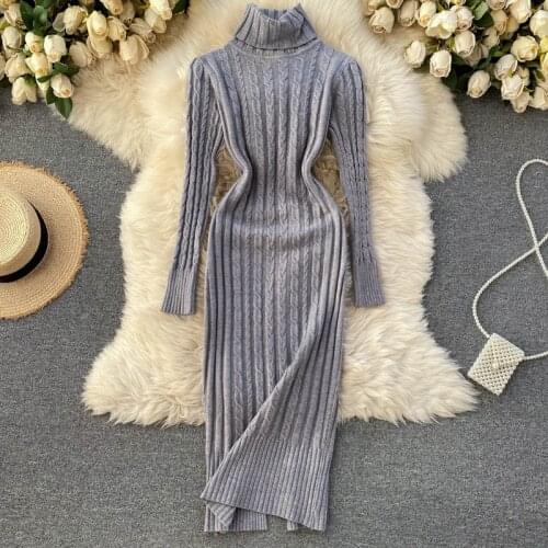 2021 Slim Thicken Turtleneck Knitted Dress Autumn Long Sleeve Elastic Bodycon Dresses Winter Warm Sexy Split Sweater Dress