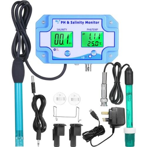 3 in1 PH/Salinity/TEMP Water Quality Monitor Multi-functional pH Salinity Monitor Temperature Meter Dual LCD Display Backlight