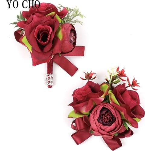 YO CHO Wedding Silk Roses Red Bridesmaid Bracelets Flowers Boutonniere Groomsman Buttonhole Wedding Witness Marriage Accessories