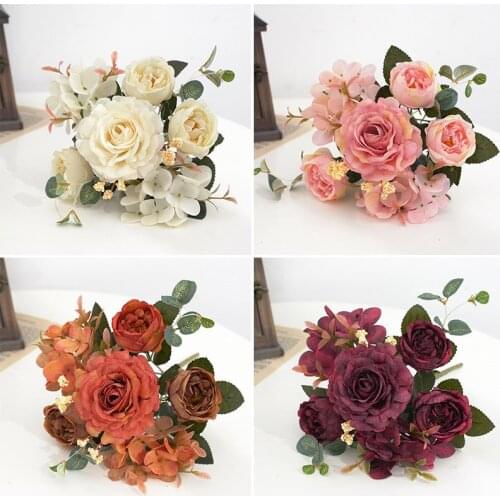 Hot 1pcs mixed flowers beautiful peony artificial flowers hydrangea silk fake bouquet for home wedding decoration dandelion foam