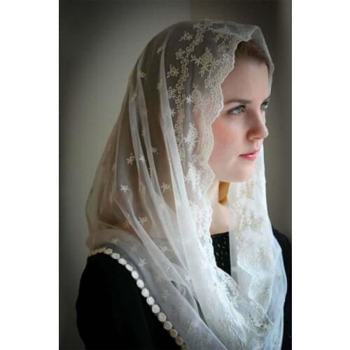 Ivory Lace Mantilla Veil for Church Round Scarf Wrap Muslim Bridal Veil Head Covering Short One Layer