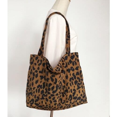 Fashion Leopard Print Women Shoulder Bags Ladies Student Corduroy Vest Bag Large Capacity Handbag Female Reusable Shopping Tote