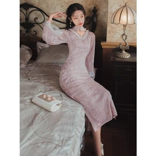 2020 new fashion womens clothing V-Neck Vintage Full Mid-Calf women dress